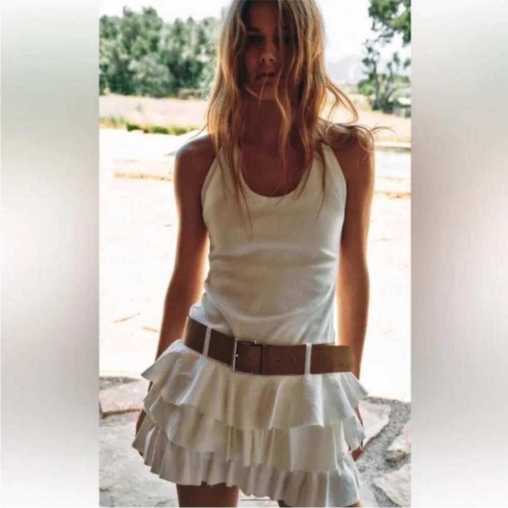 Zara Oyster White Belted Ruffle Short Dress Size XS